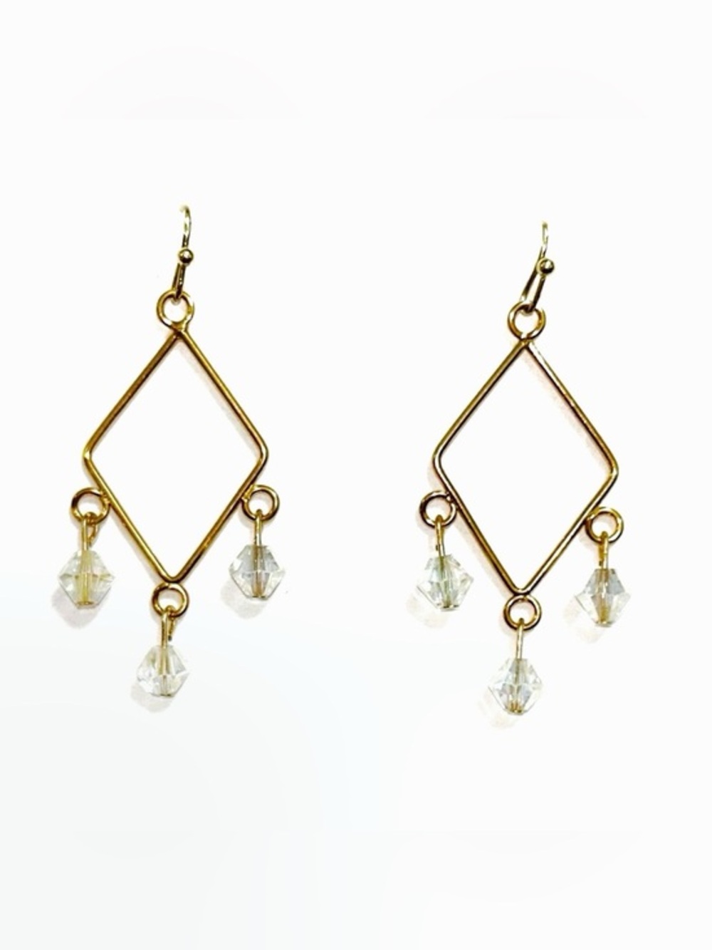Gold Dangle Diamond-Shaped Earrings with Crystal Drops
